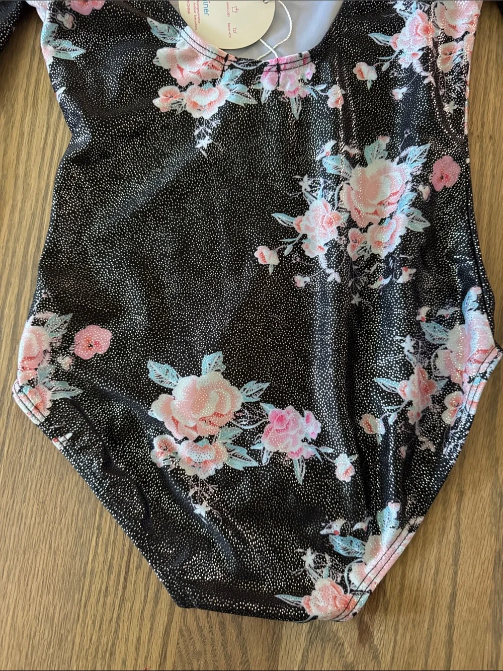 Black Floral Long-Sleeve Dance Leotard with Pink Accents